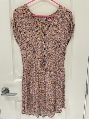 Floral Button-Front Summer Dress in Lavender & Peach with drawstring waist